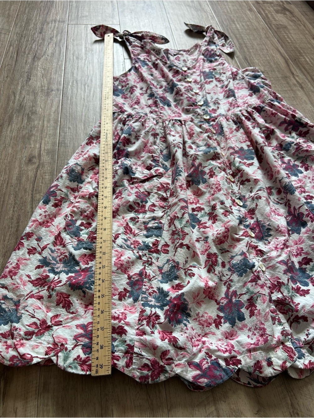 Cotton Floral Tie-Shoulder Sundress flower scalloped hem pockets small shop - Picture 8 of 9